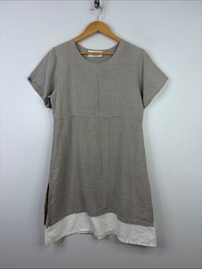 Linen Dress Womens XS Beige White Short Sleeve Loose Fit Tunic Made in USA